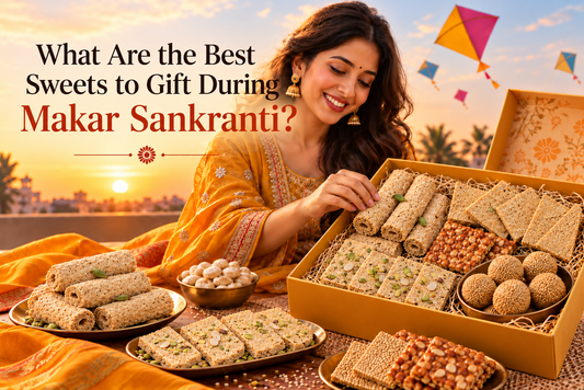 Traditional Makar Sankranti sweets to gift, including gajak, til patti, rewari, and chikki