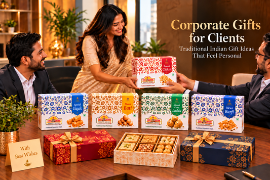 Corporate gifts for clients with traditional Indian sweet hampers