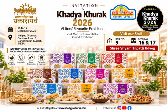 Khadhya Khurak 2026 food exhibition at Helipad Grounds in Gandhinagar, featuring Shree Shyam Tilpatti Udyog at Hall 9, Stalls 16 and 17.