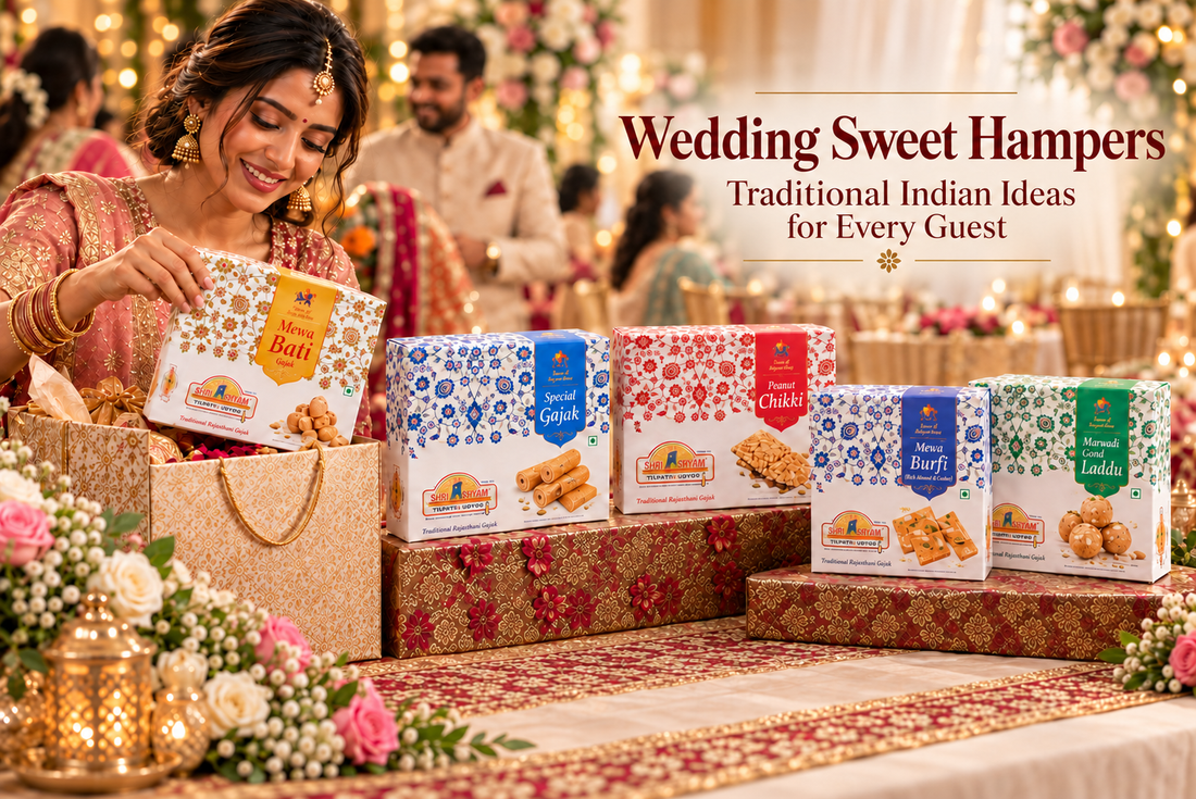 Traditional Indian wedding sweet hampers with Gajak, Tilpatti, and Rewari