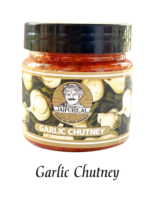 A jar of Jaipurial Garlic Chutney with a label showing the product name and an illustration of garlic and spices.