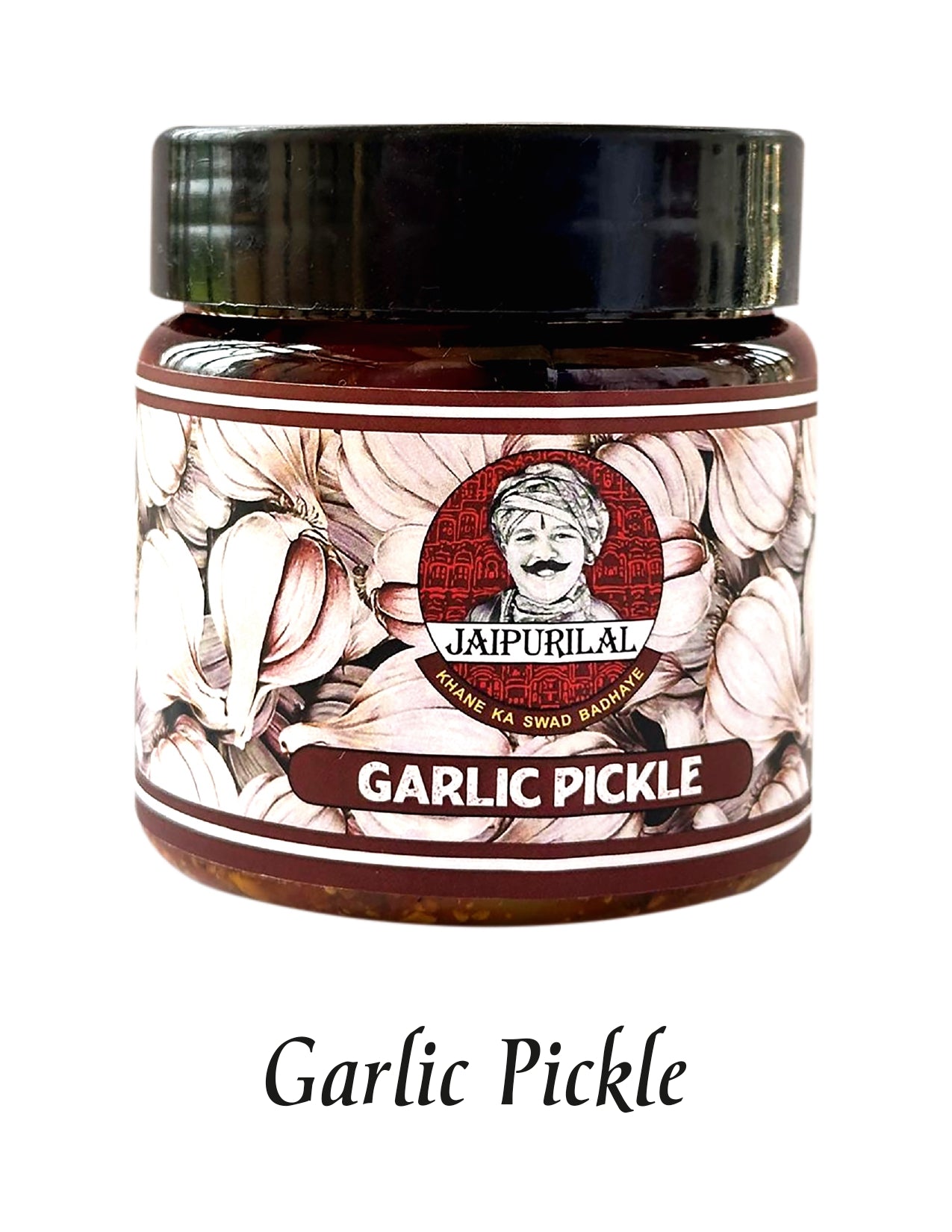 A jar of Garlic Pickle with a label that features an illustration of garlic and spices, and the text 'GARLIC PICKLE' at the bottom.