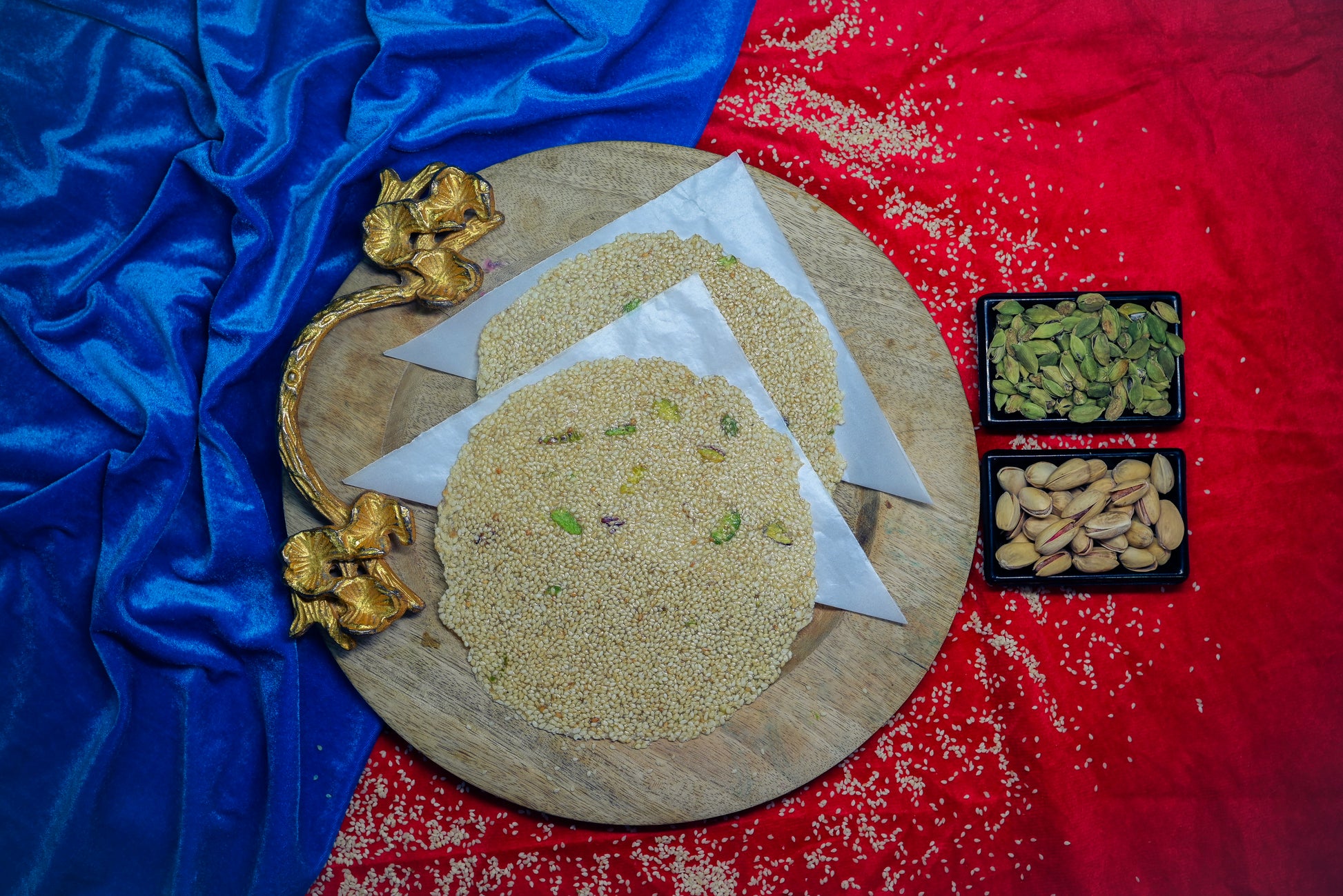Traditional Indian presentation of Pistachio Cardamom Tilpatti sweet