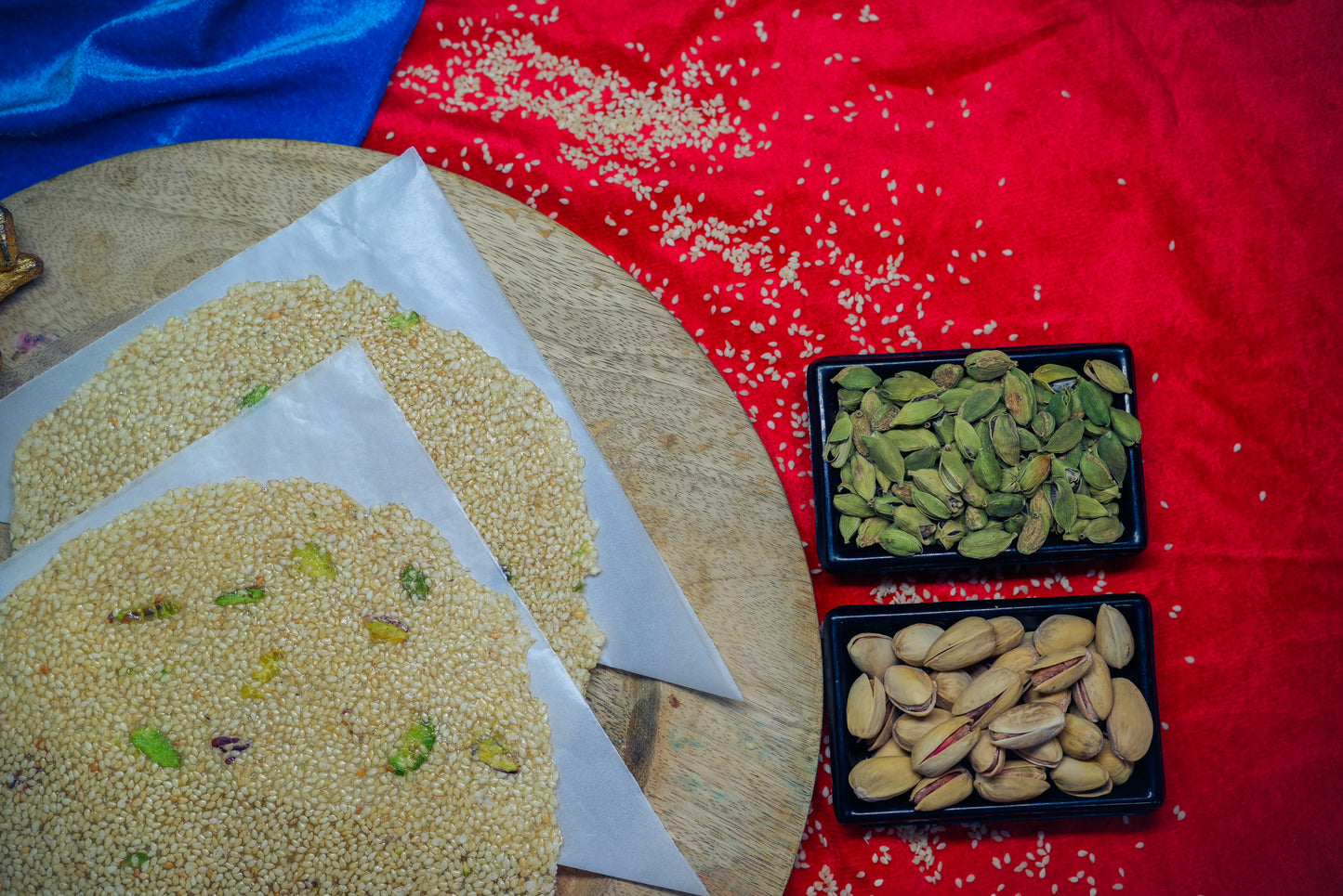 Traditional Indian presentation of Pistachio Cardamom Tilpatti sweet