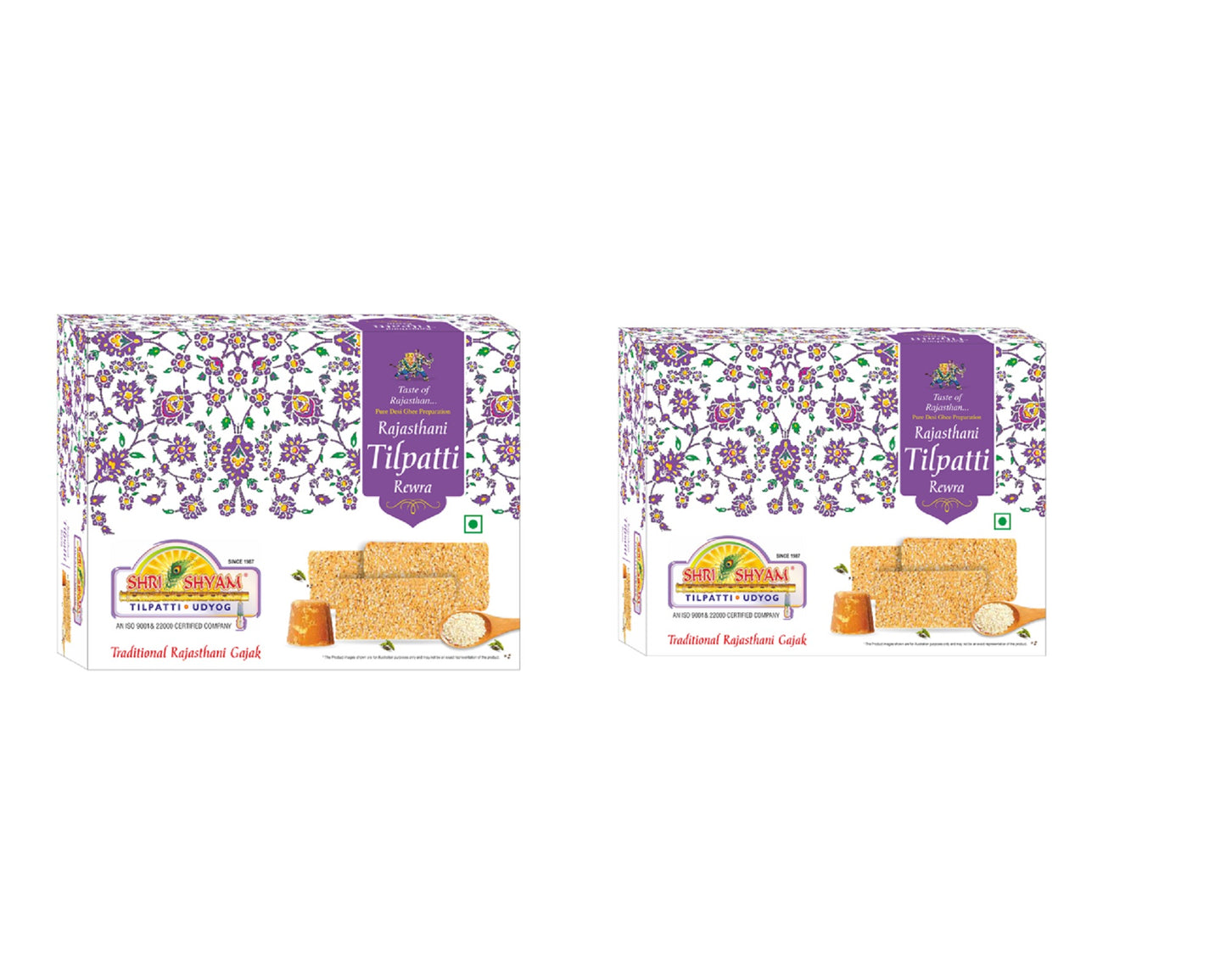 Rajasthani Rewra 500g box with sesame sweet pieces on wooden board