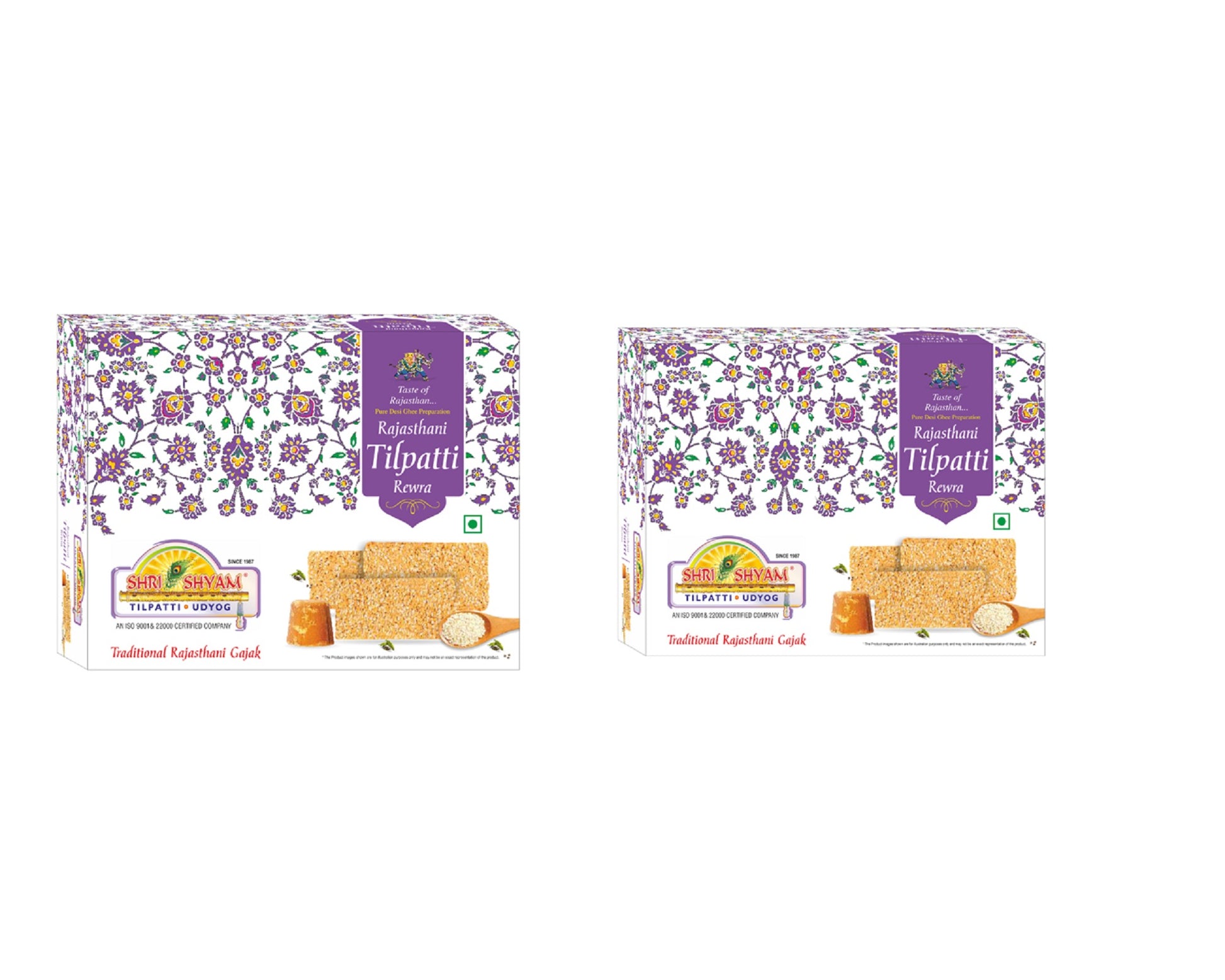 Rajasthani Rewra 500g box with sesame sweet pieces on wooden board