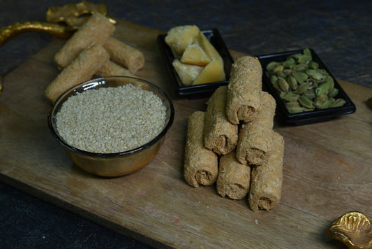 Close-up of traditional special gajak rolls with rich texture