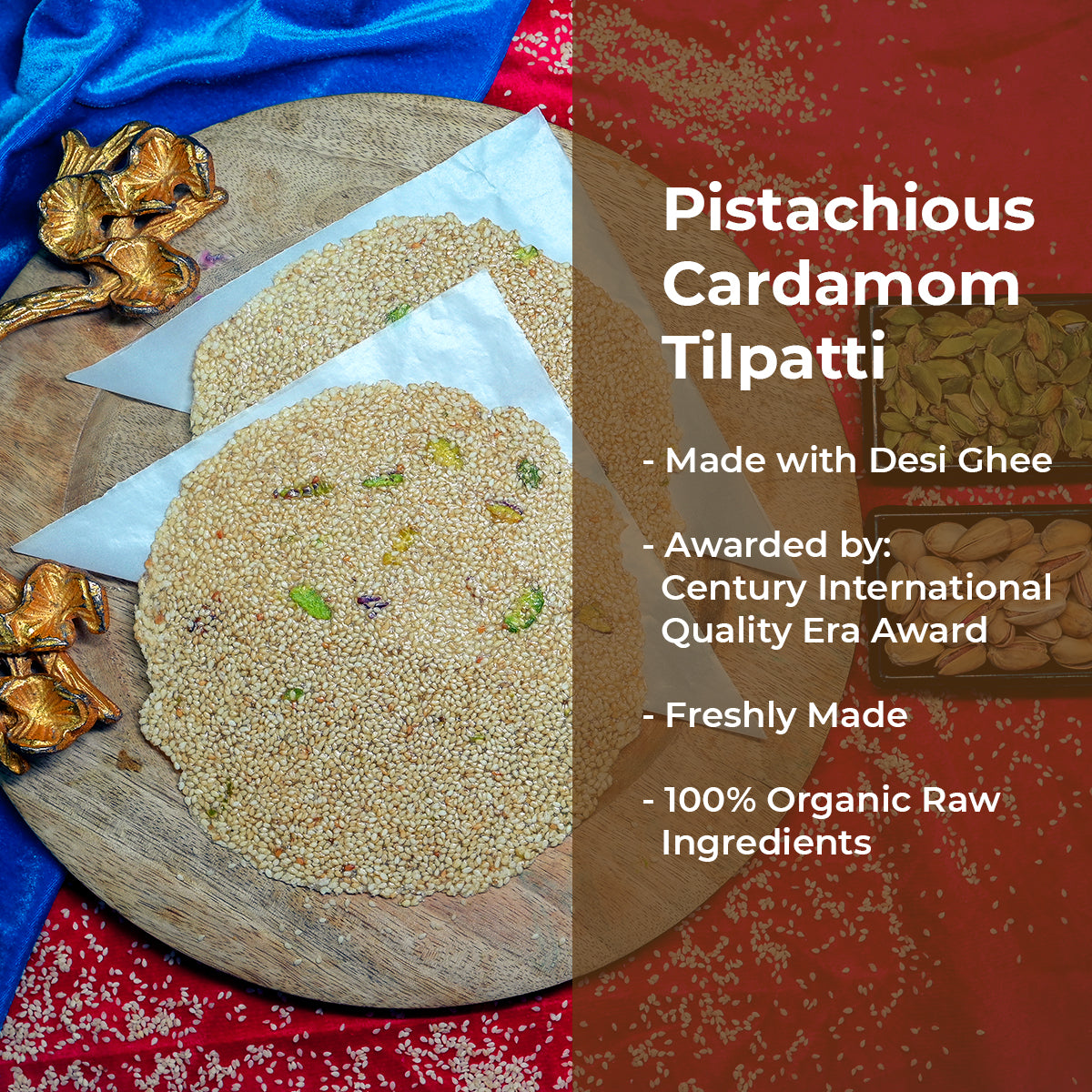 Pistachio Cardamom Tilpatti (500g), Luxurious Sesame Treat with Authentic Flavor, Perfect for Winter Indulgence